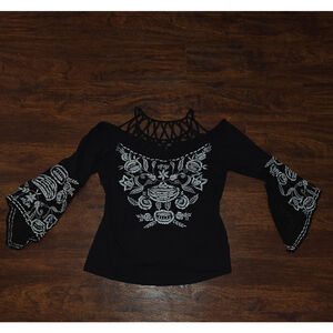 Boston Proper Black Top with White Floral Design
